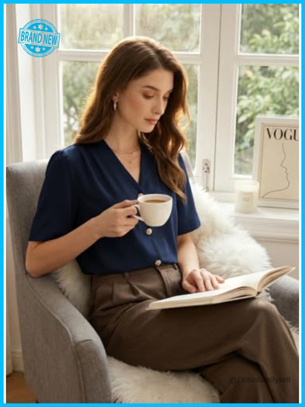 Short Sleeve Button Down Blouse V-Neck Lightweight Business Work Top - Picture 6 of 6
